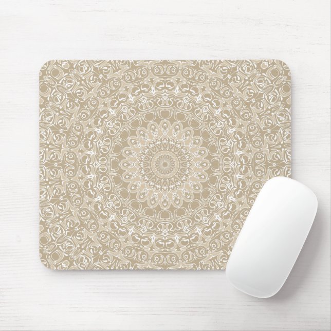 Khaki and White Ornamental Mandala Pattern Mouse Pad (With Mouse)