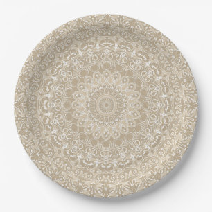 Khaki and White Ornamental Mandala Pattern Paper Plate
