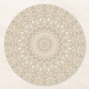Khaki and White Ornamental Mandala Pattern Round Paper Coaster