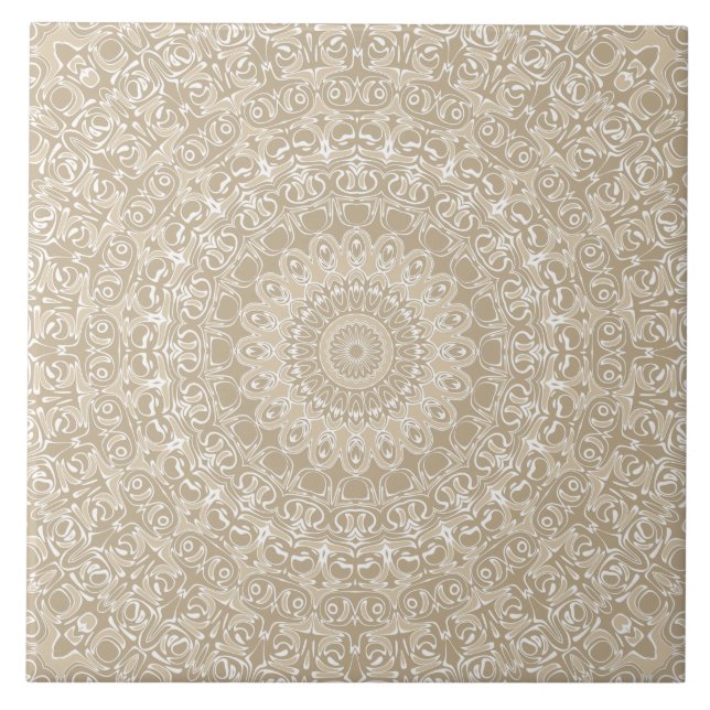 Khaki and White Ornamental Mandala Pattern Tile (Front)