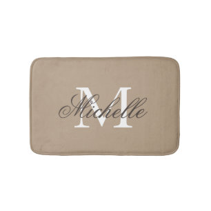 Khaki beige bath mat with elegant name monogram