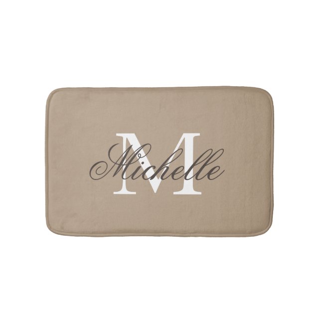 Khaki beige bath mat with elegant name monogram (Front)