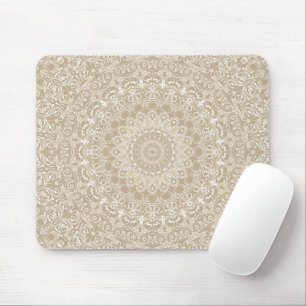 Khaki Beige Mandala Kaleidoscope Medallion Flower Mouse Pad