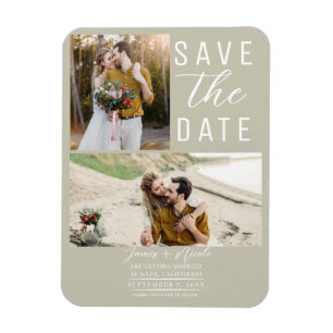 Khaki Beige Modern 2 Photos Save the Date Wedding Magnet