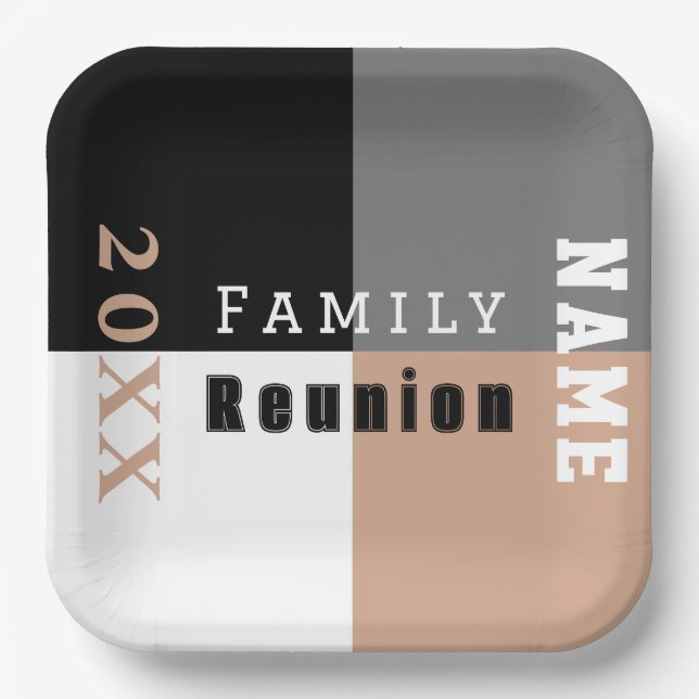 Khaki, black and white custom family reunion paper plate (Front)