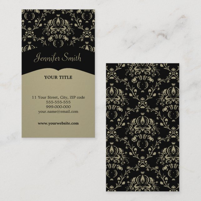 Khaki / Black Damask Elegant business card (Front/Back)