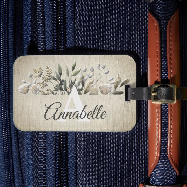 Khaki Botanical Leaves Monogrammed Luggage Tag (Front Insitu 4)