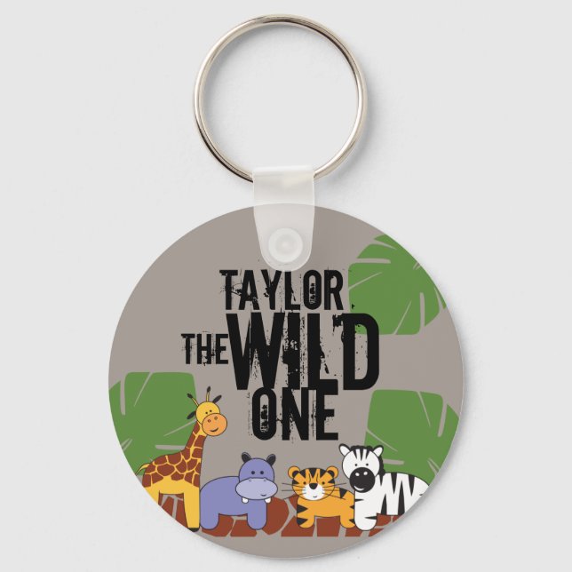 Khaki Brown Wild One Safari Animals Personalised Key Ring (Front)