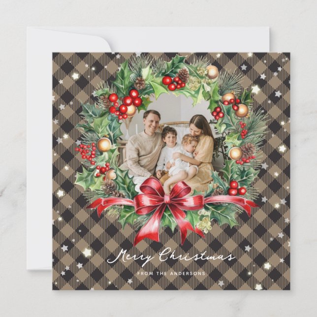 Khaki Buffalo Plaid Wreath Stars Photo Christmas Holiday Card (Front)