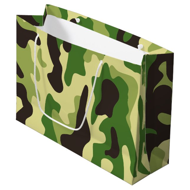 Khaki camouflage pattern large gift bag (Front Angled)