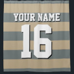 Khaki Charcoal Sports Jersey Preppy Stripe Shower Curtain<br><div class="desc">Preppy Striped Team Jersey / Sports Jersey / Football Jersey / Rugby Jersey with Custom Name Customise this with your own name or team name and a number. You can change the size, colour and placement of the text if you need to make changes, change the colour of or remove...</div>