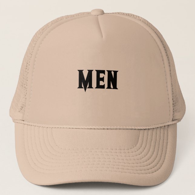Khaki Colour Looking Handsome Wearing MEN Text Trucker Hat (Front)
