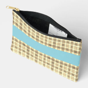 Khaki & cream gingham, blue stripe Accessory pouch