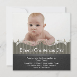 Khaki Green Black Boys Photo Christening Invitation