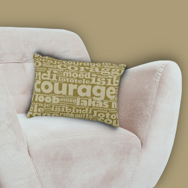 Khaki-Green Multilingual Courage Typography  Decorative Cushion (Khaki-Green Multilingual Courage Typography Accent Pillow, Living Room)