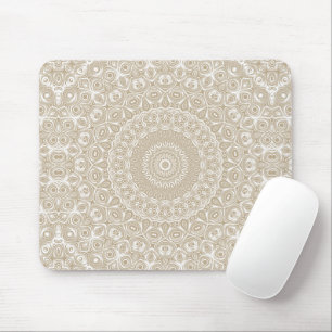 Khaki on White Mandala Kaleidoscope Medallion Mouse Pad