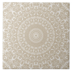 Khaki on White Mandala Kaleidoscope Medallion Tile