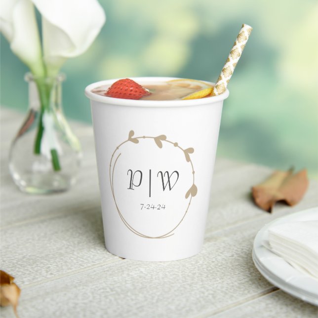 Khaki Simple Heart Wreath Monogram Wedding Paper Cups (Insitu)