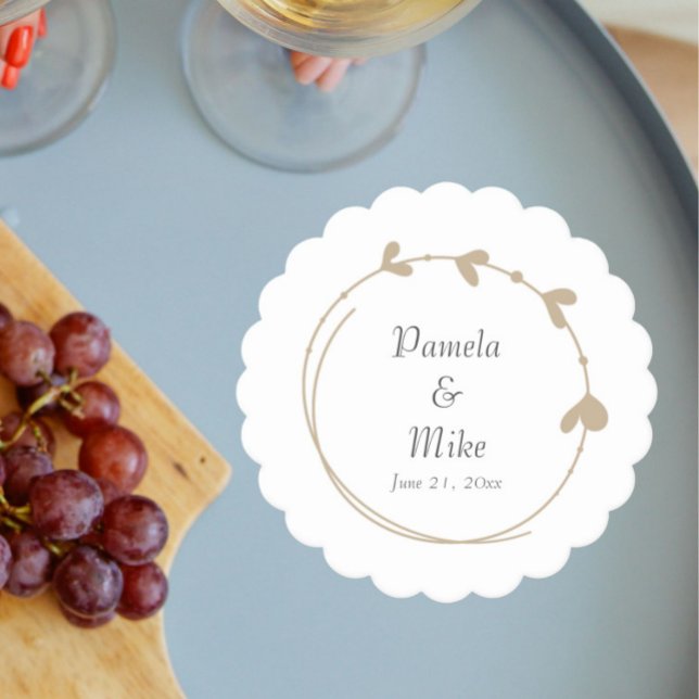 Khaki Simple Heart Wreath Wedding Paper Coaster (In Situ Wedding)