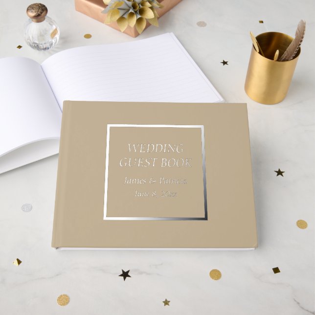 Khaki Simple Stylised Lettering Wedding Guest Book (Front Open)
