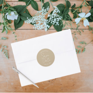 Khaki Stylised Wedding Save the Date Classic Round Sticker