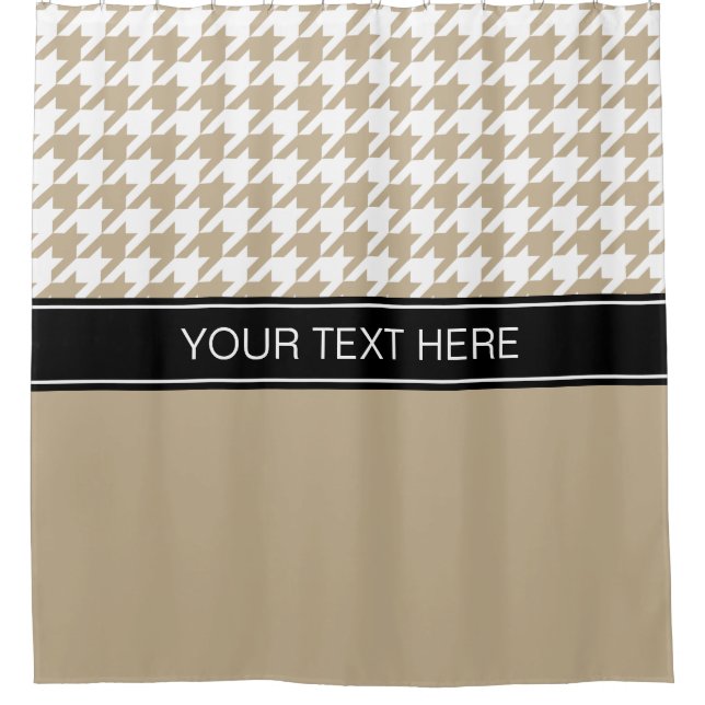 Khaki White Houndstooth CB Black Name Monogram Shower Curtain (Front)