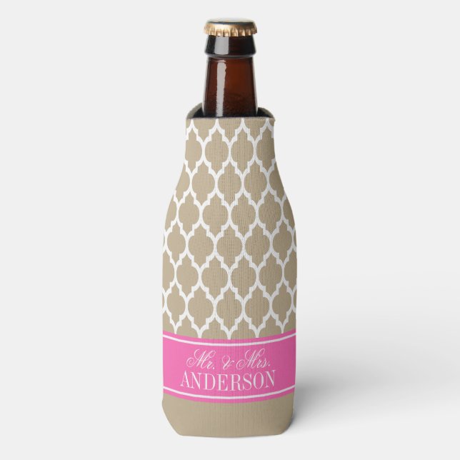 Khaki White Moroccan #4 Hot Pink Name Wedding Bottle Cooler (Bottle Front)