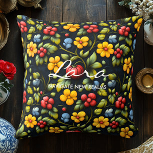 Khokhloma Inspired Floral Art Decorative Cushion