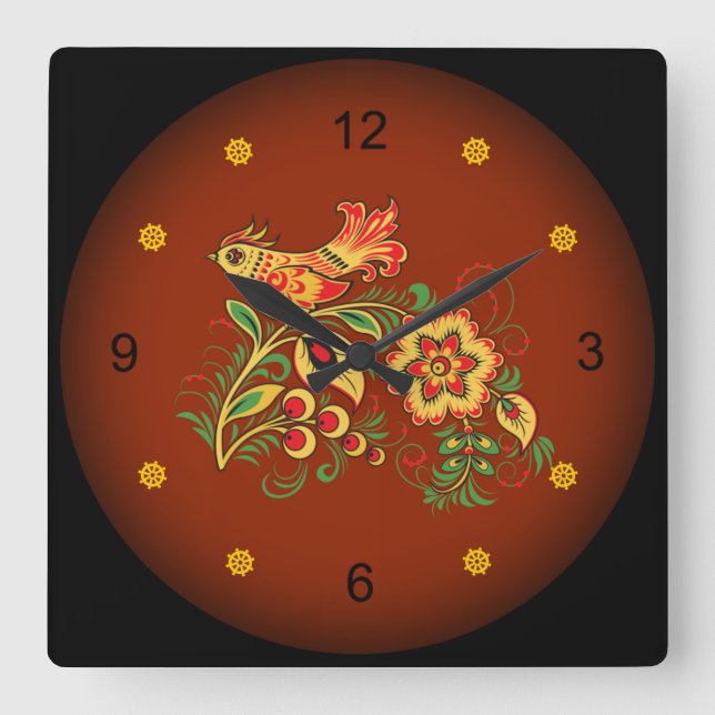 Khokhloma ~ Russian Folk Art ~ Bird ~ Flowers ~ Square Wall Clock (Front)