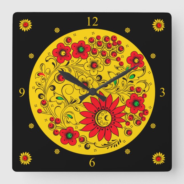 Khokhloma ~ Russian Folk Art ~ Flowers ~ Square Wall Clock (Front)