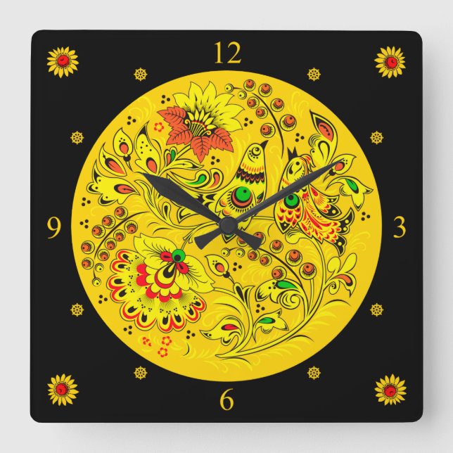 Khokhloma ~ Russian Folk Art ~ Paisley Birds ~ Square Wall Clock (Front)