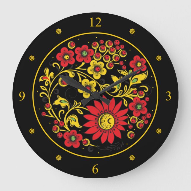 Khokhloma ~ Russian Folk Art ~ Red/Gold Flowers ~  Large Clock (Front)