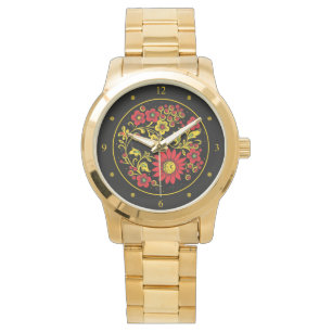 Khokhloma ~ Russian Folk Art ~ Red/Gold Flowers ~ Watch