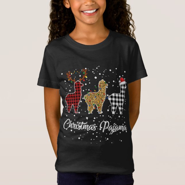 Ki Cute Llama Christmas Pajama Leopard Plaid Print T-Shirt (Front)