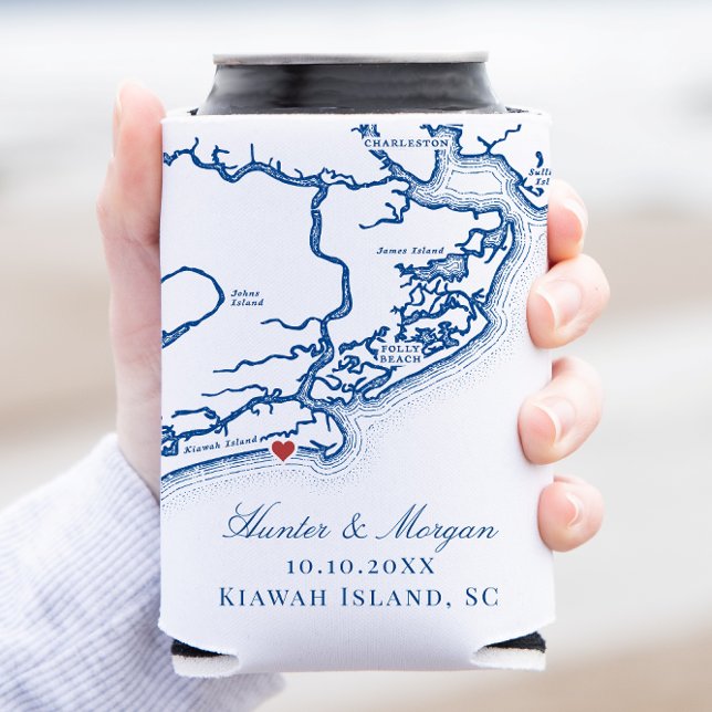 Kiawah Island Map Elegant Navy Blue Wedding Favour Can Cooler (Kiawah Island SC Map Can Coozie Wedding Favors for an Elegant Navy Blue from Coastal Map Designs)
