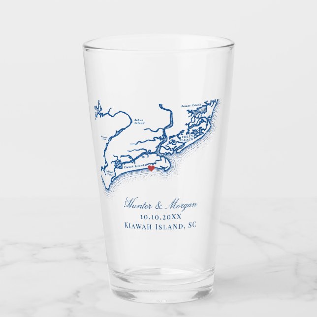 Kiawah Island Map Elegant Navy Blue Wedding Favour Glass (Front)