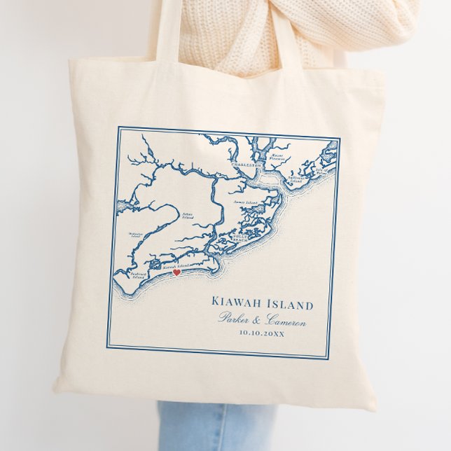 Kiawah Island SC Navy Blue Wedding Favour Welcome Tote Bag (Elegant Kiawah Island SC Wedding Tote bag navy blue. Welcome bag wedding favor Coastal Map Designs)
