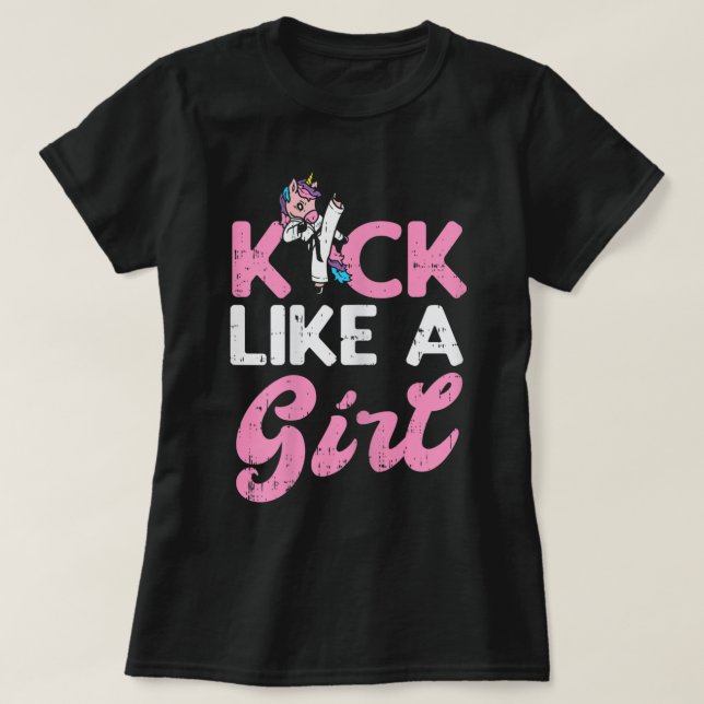Kick Like Girl Unicorn Karate Taekwondo Martial Ar T-Shirt (Design Front)