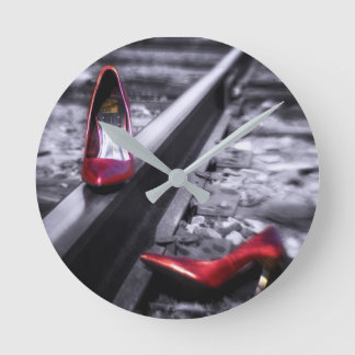 Kick Off Your Shoes red shoes on railroad tracks Round Clock
