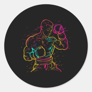 Kickboxing Boy Drawing 80s Look Kickboxer For Boys Classic Round Sticker