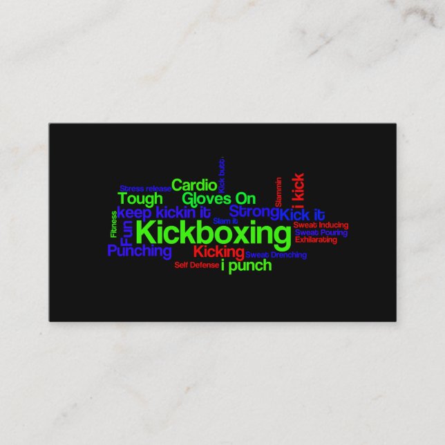 Kickboxing Word Cloud Bright on Black Business Card (Front)