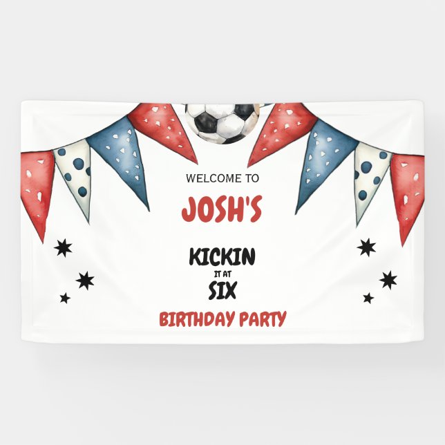 Kickin it at Six Soccer 6th Birthday Party Red Banner (Horizontal)