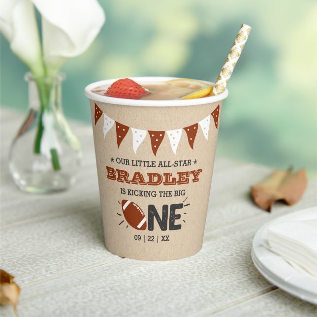Kicking The Big One | Football 1st Birthday Paper Cups (Insitu)
