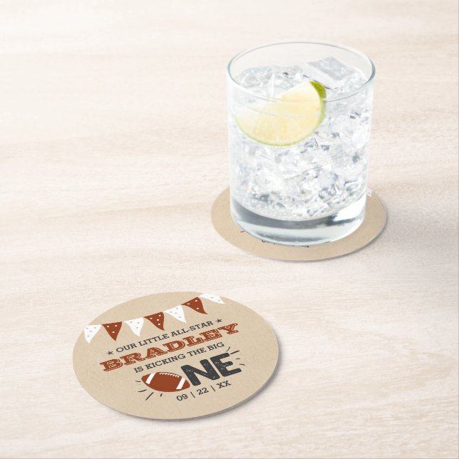 Kicking The Big One | Football 1st Birthday Round Paper Coaster (Insitu)