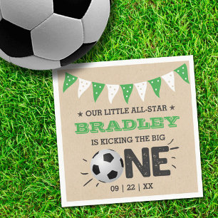 Kicking The Big One   Soccer 1st Birthday Napkin