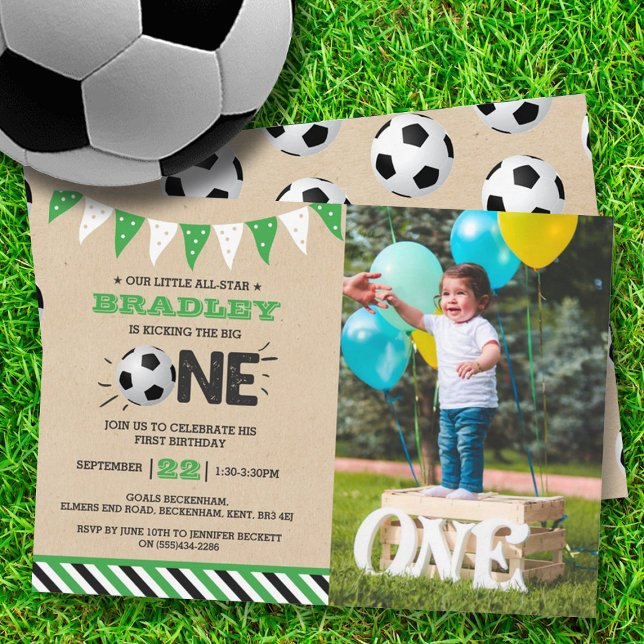 Kicking The Big One | Soccer 1st Birthday Photo Invitation (Creator Uploaded)