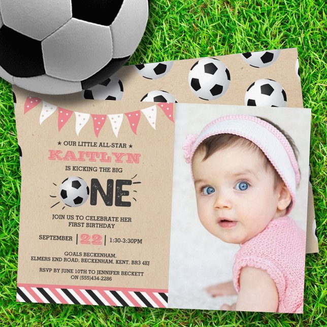 Kicking The Big One | Soccer 1st Birthday Photo Invitation (Creator Uploaded)