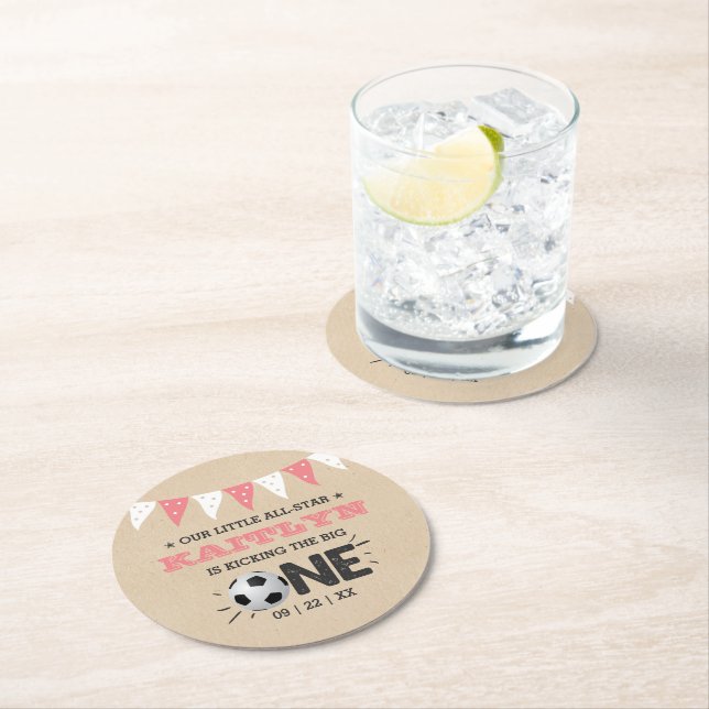Kicking The Big One | Soccer 1st Birthday Round Paper Coaster (Insitu)