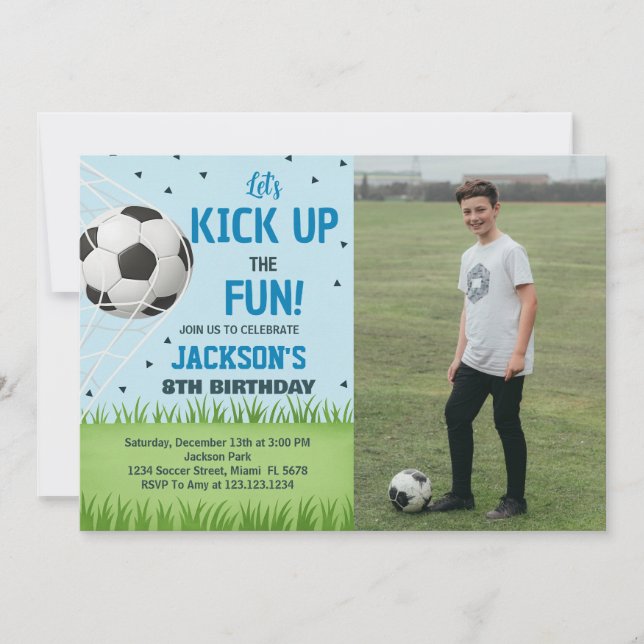Kickoff Soccer Birthday Invitation with photo (Front)