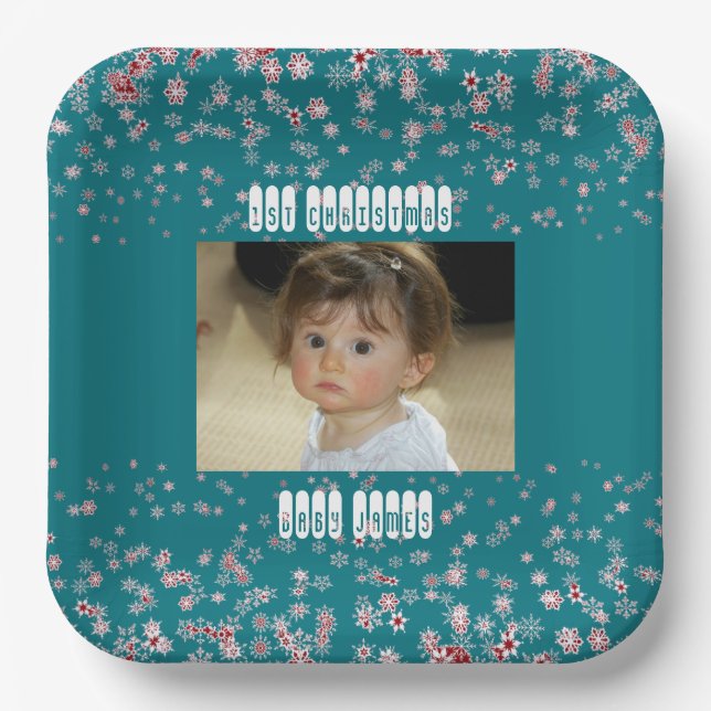 Kid 1st Christmas Blue Star Snowflake Custom Photo Paper Plate (Front)